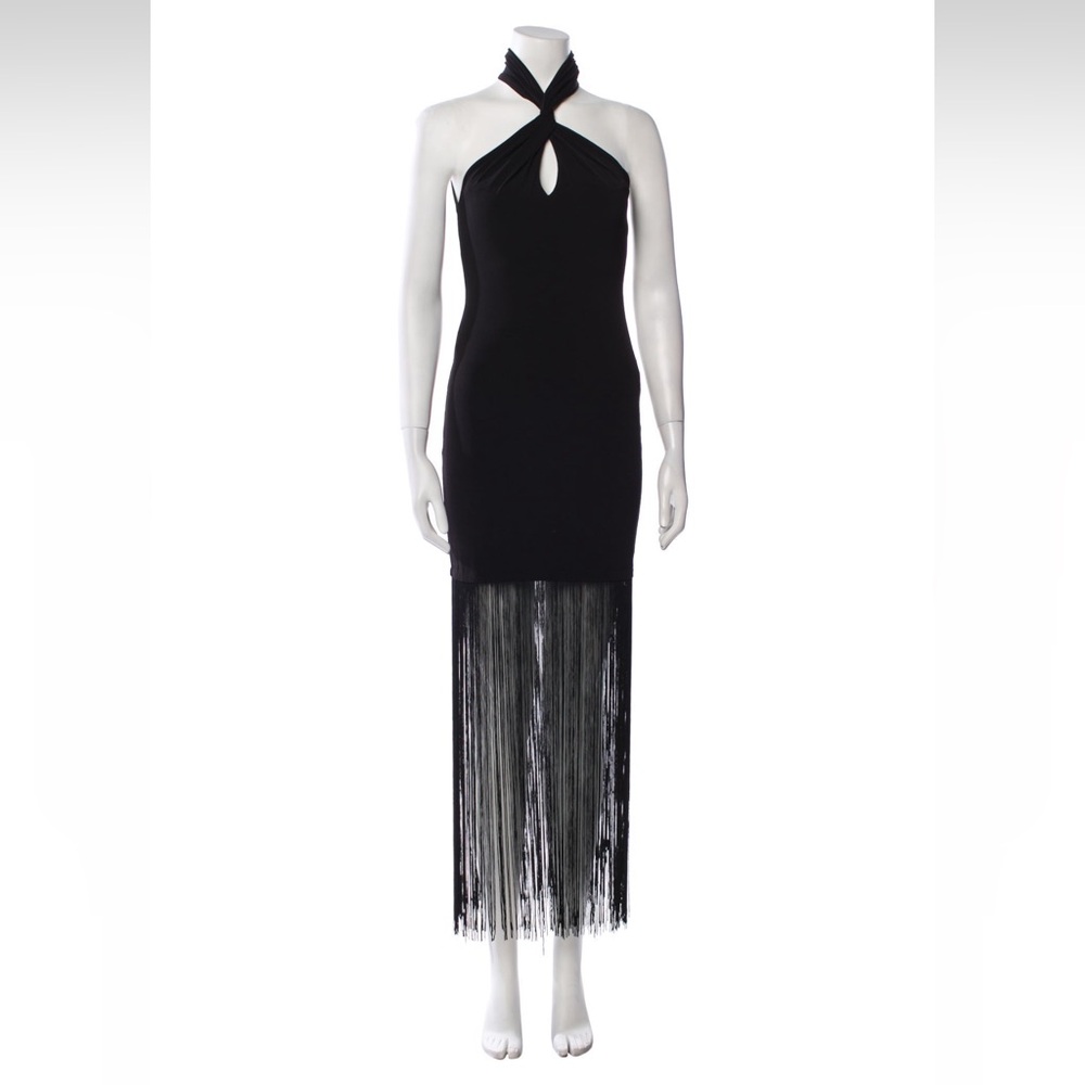 Alice & Olivia Black Halter Fringe Dress